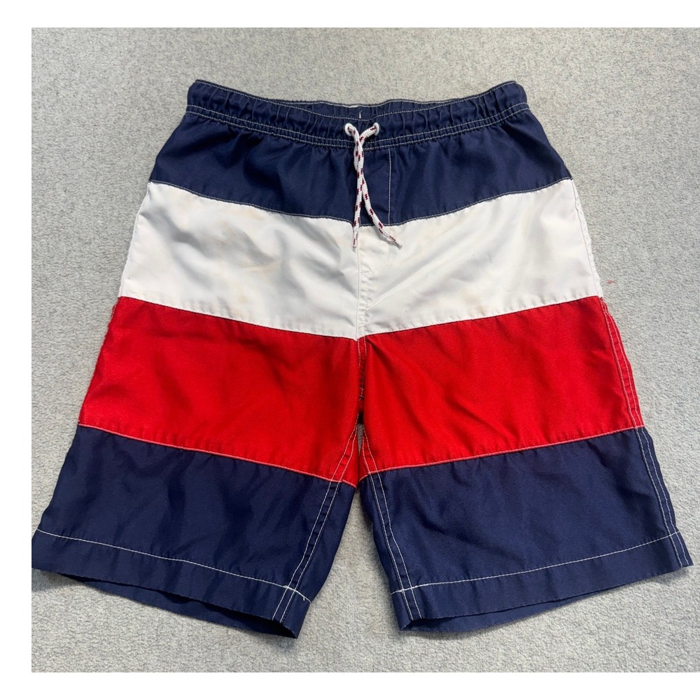 Lands End Boys L 14-16 Swim Trunks Red White Blue Colorblock Lined Board Shorts